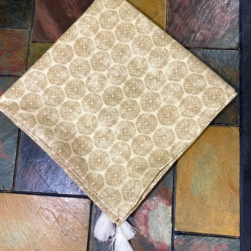 Threshold Linen Blend Beige Distressed Medallion Tassels Table Throw 50